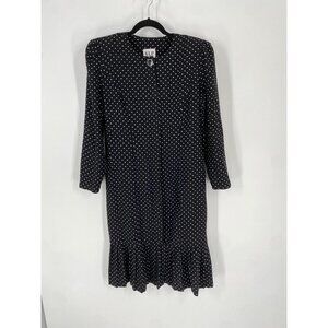 VINTAGE V.L.P. PETITES DROP WAIST POLKA DOT MIDI BLACK LONG SLEEVE DRESS SIZE 12